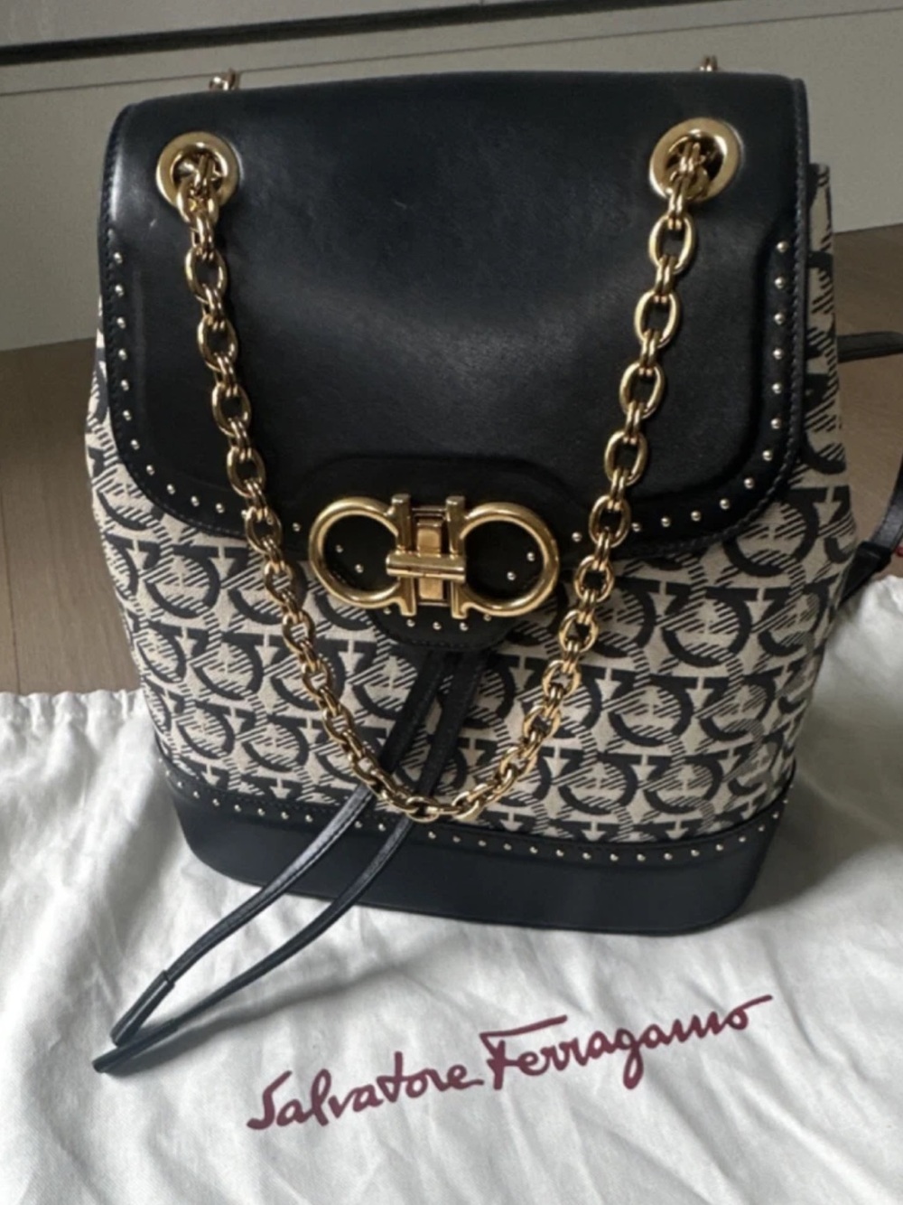 Salvatore Ferragamo Black and Cream Logo Chain-Accent Backpack